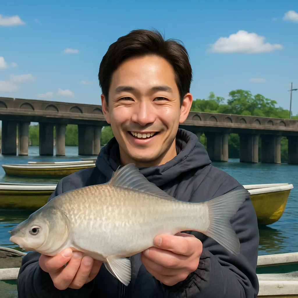 間瀬湖でヘラブナの釣果を得た勝田.webp