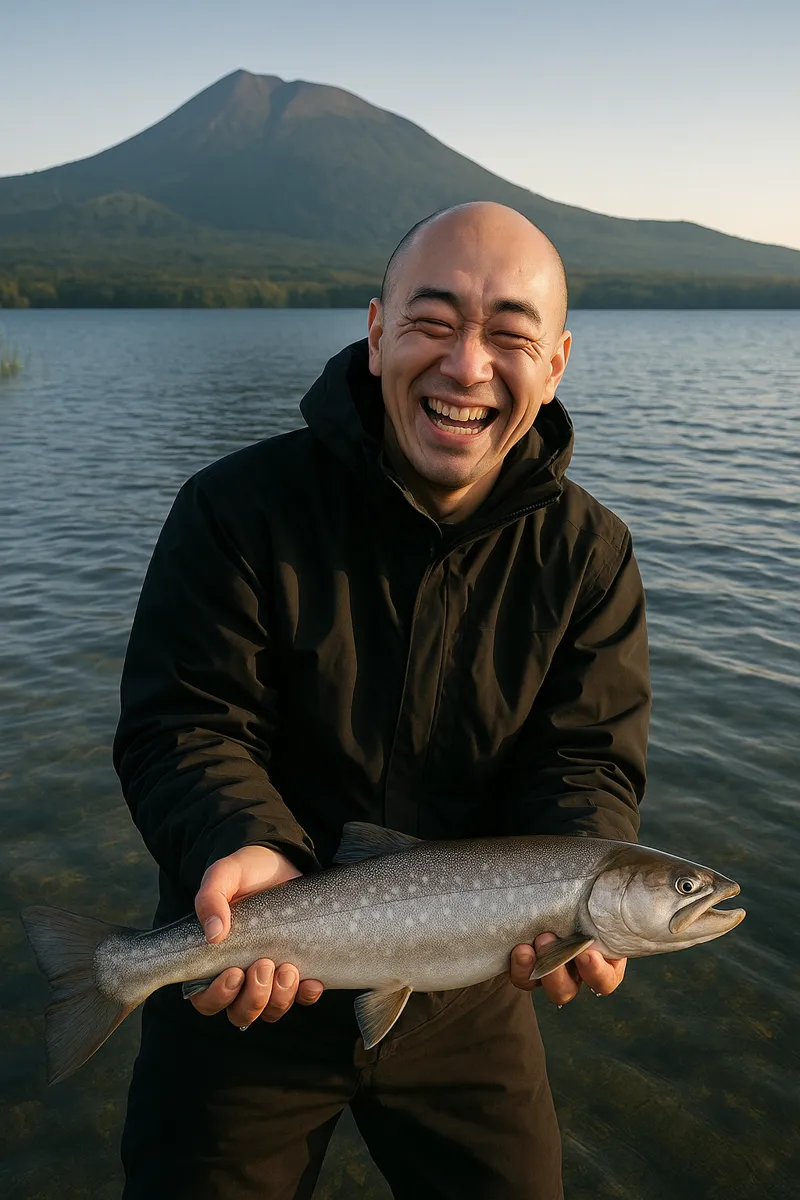 阿寒湖でアメマスの釣果を得たがんだま君.webp