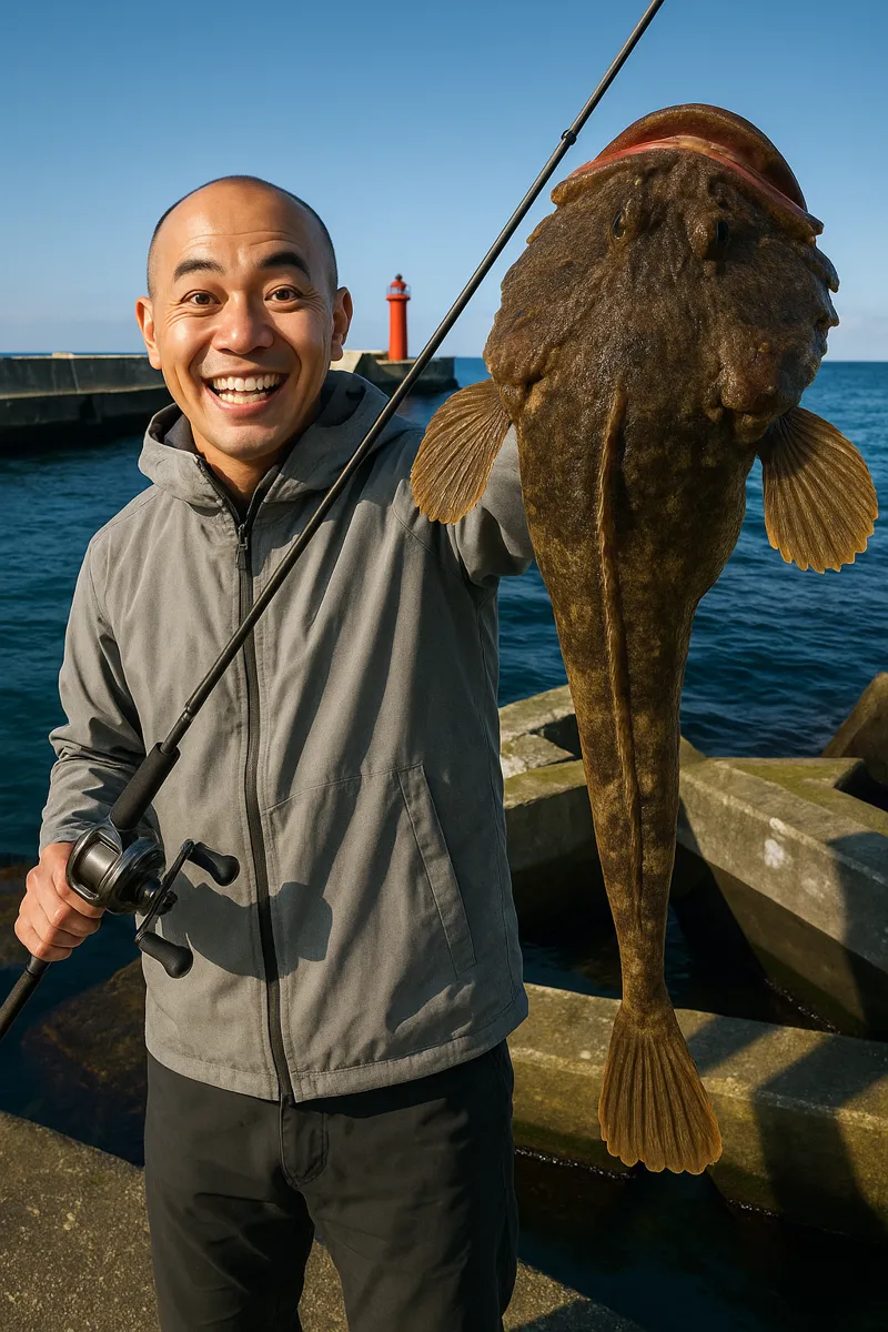 雄武漁港でカジカの釣果を得たがんだま君.webp
