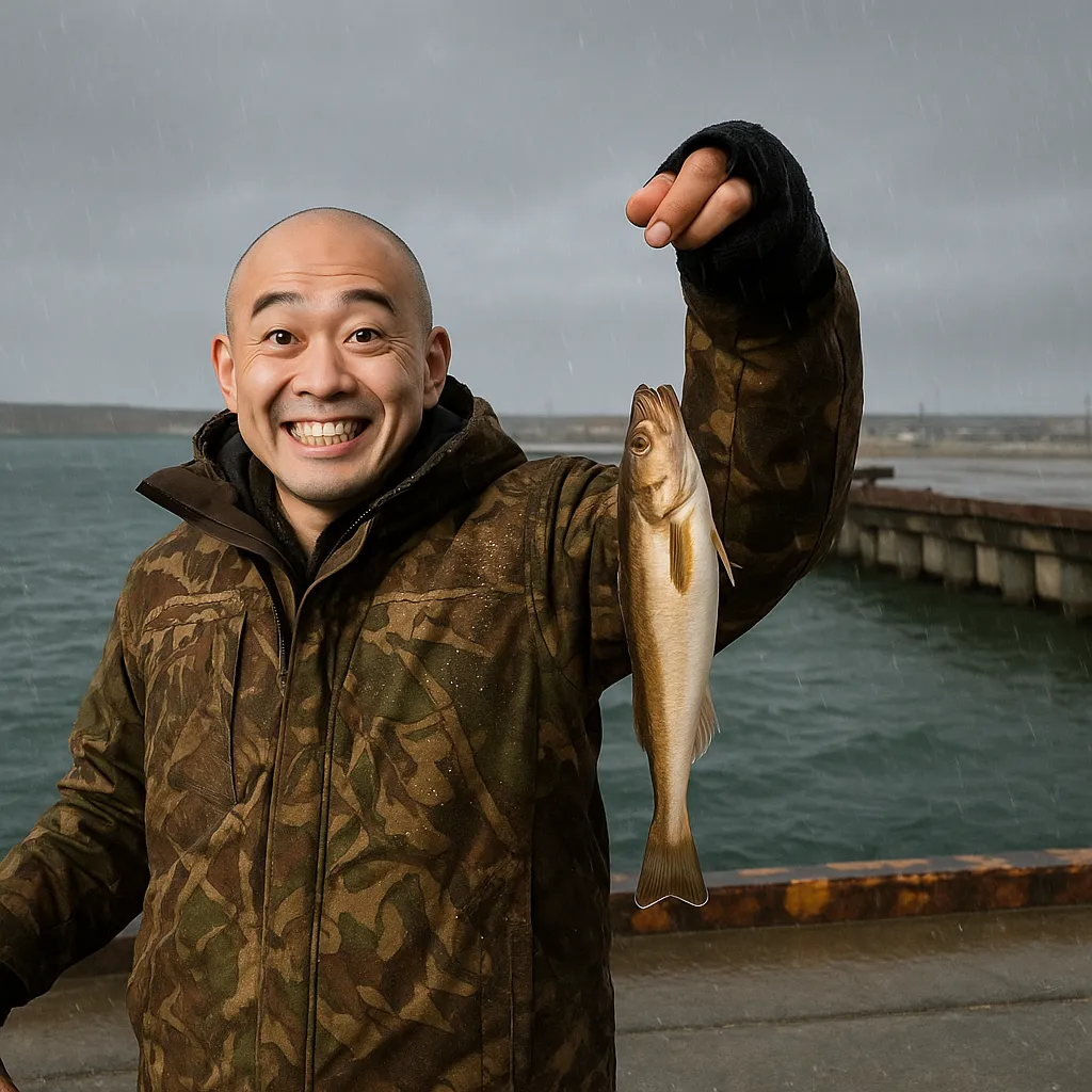 霧多布港でコマイの釣果を得たがんだま君.webp