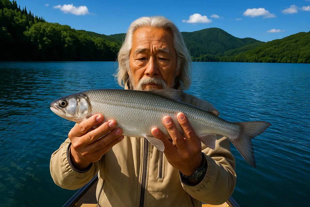 青木湖でシナノユキマスの釣果を得た米田.webp