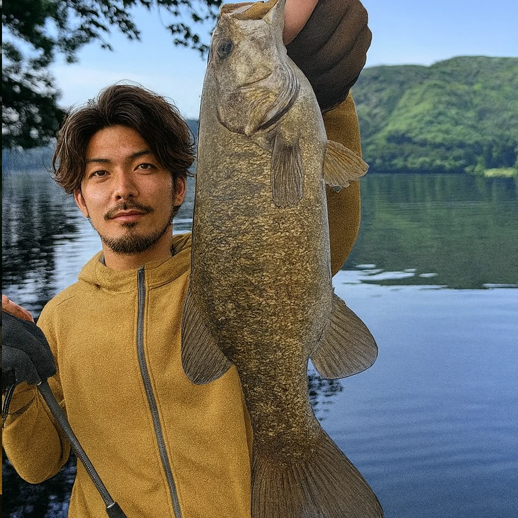 青木湖でブラックバスの釣果を得た澤田.webp