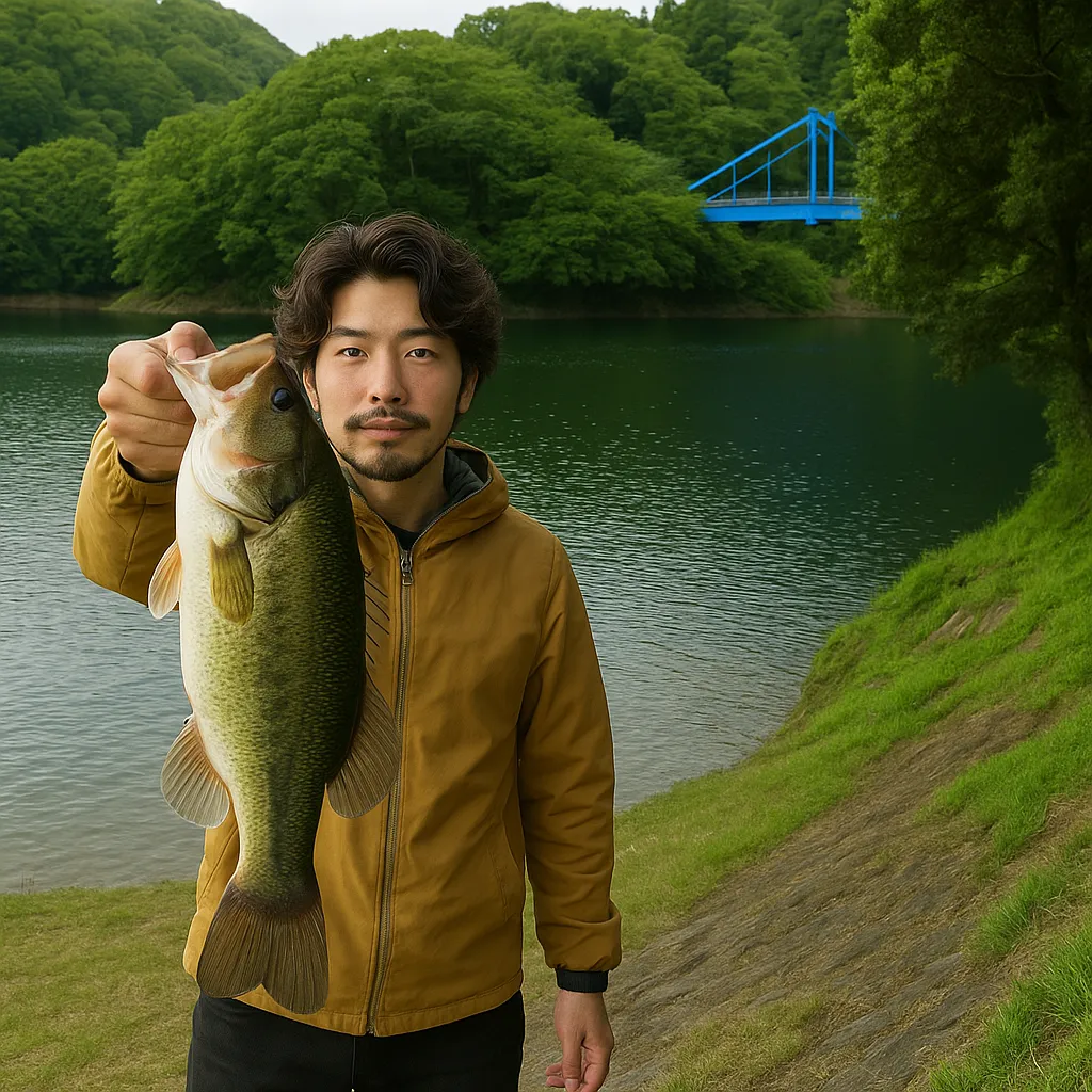 青蓮寺湖でブラックバスの釣果を得た澤田.webp