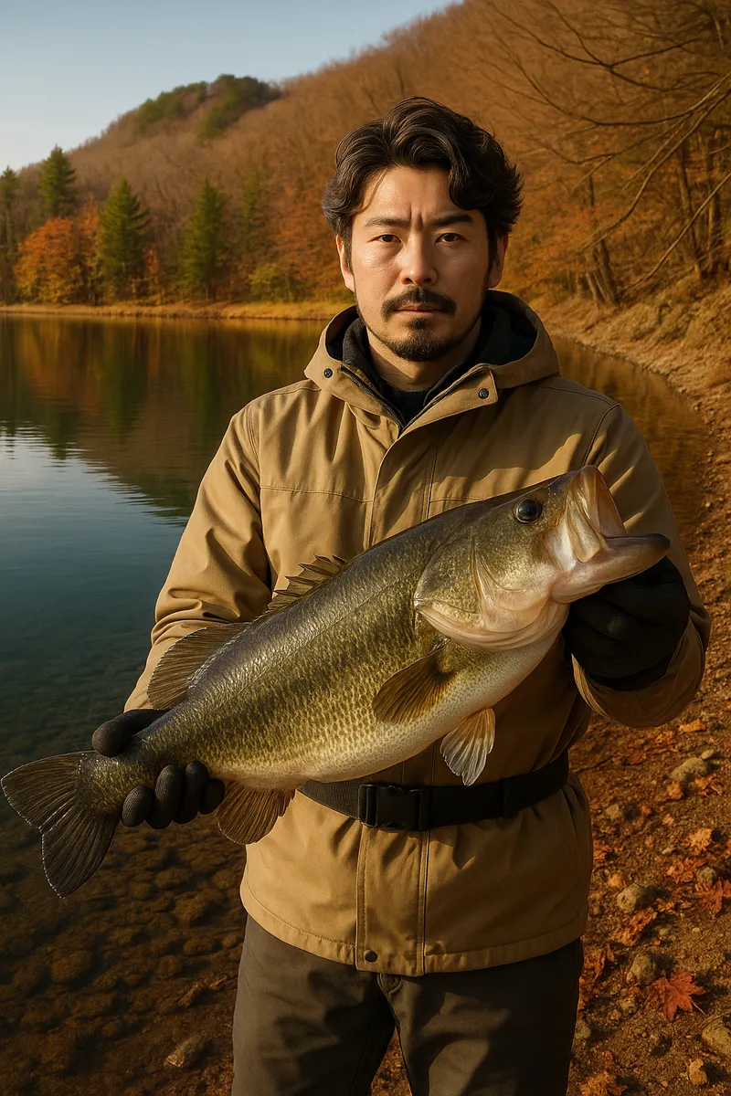 青野ダムでブラックバスの釣果を得た澤田.webp