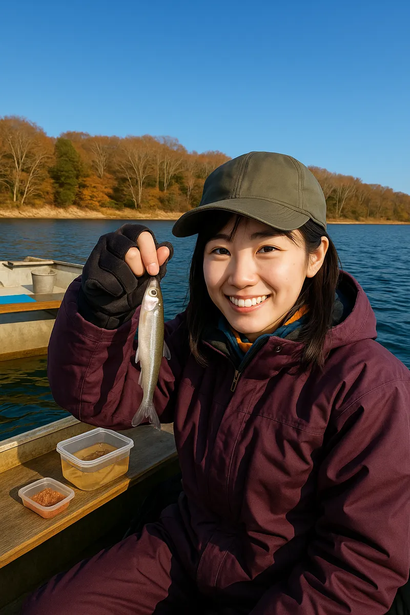 青野ダムでワカサギの釣果を得た黒川.webp