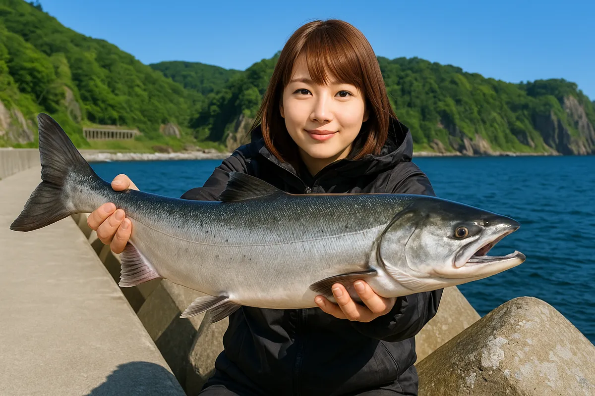 静狩漁港でサケの釣果を得た山際.webp