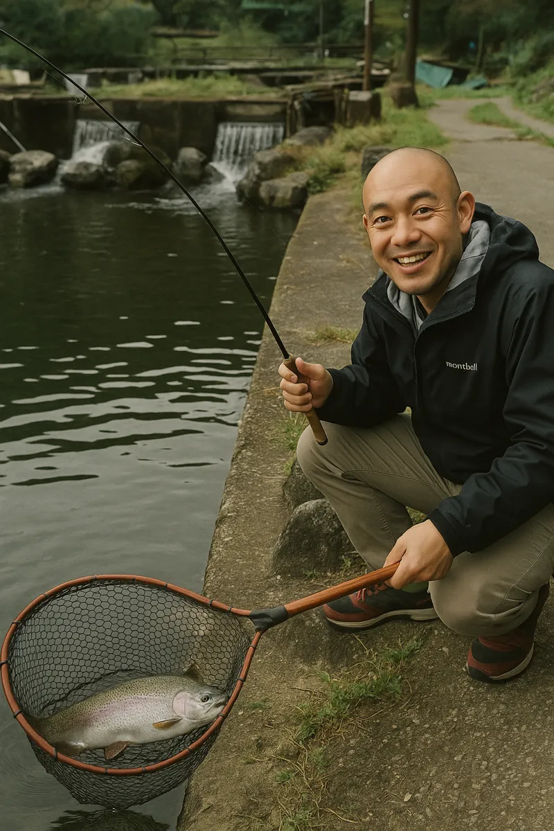 須川フィッシングパークでニジマスの釣果を得たがんだま君.webp