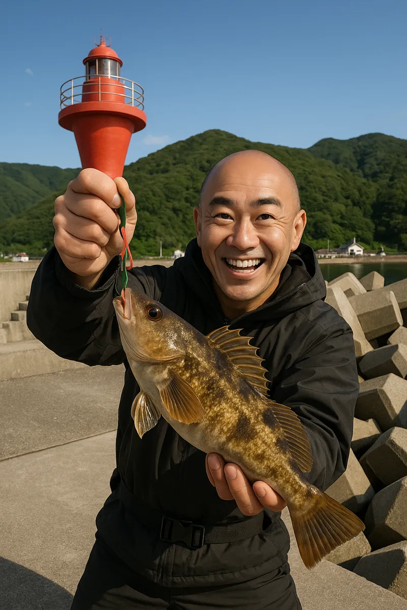 須築漁港でアブラコの釣果を得たがんだま君.webp