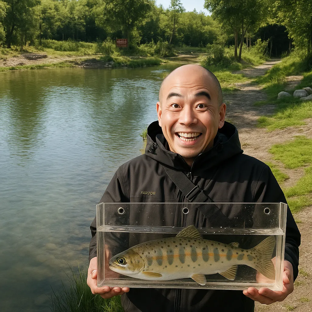 高島の泉でヤマメの釣果を得たがんだま君.webp
