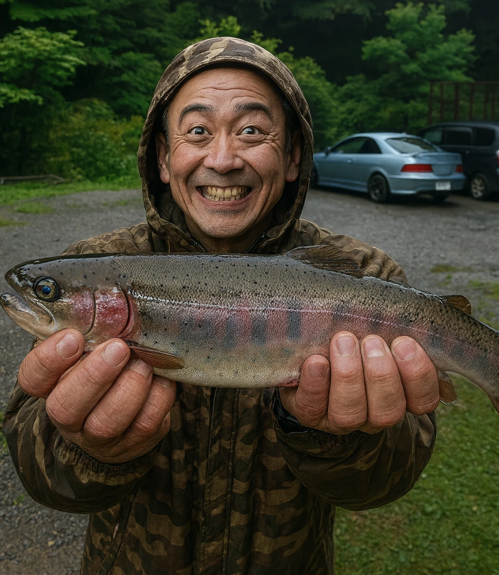 高萩ふれあいの里でヤマメの釣果を得たがんだま君.webp