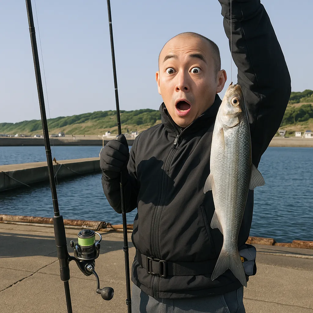 鬼鹿漁港でニシンの釣果を得たがんだま君.webp