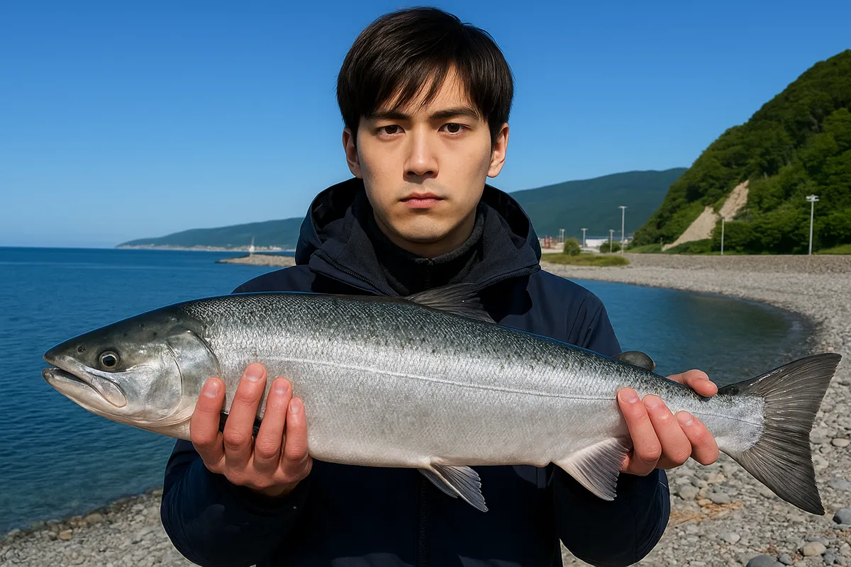 鮎川海岸でサクラマスの釣果を得た男性.webp