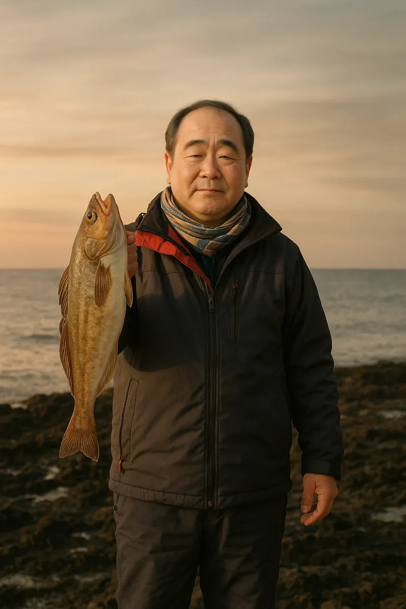 鮎川海岸でホッケの釣果を得た持田.webp