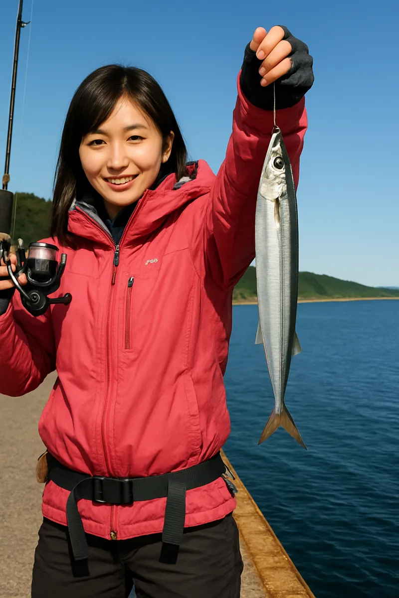 鱒浦漁港でサンマの釣果を得た女性.webp