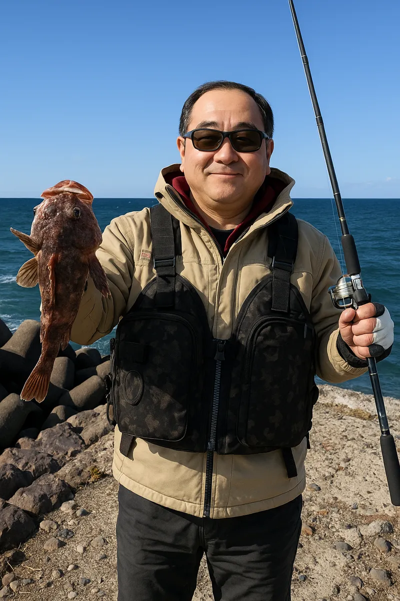 鵜泊漁港でカジカの釣果を得た持田.webp