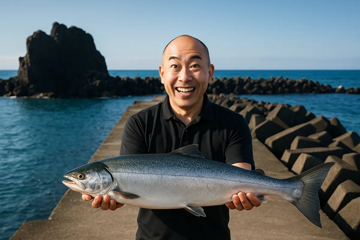 鵜泊漁港でサケの釣果を得たがんだま君.webp