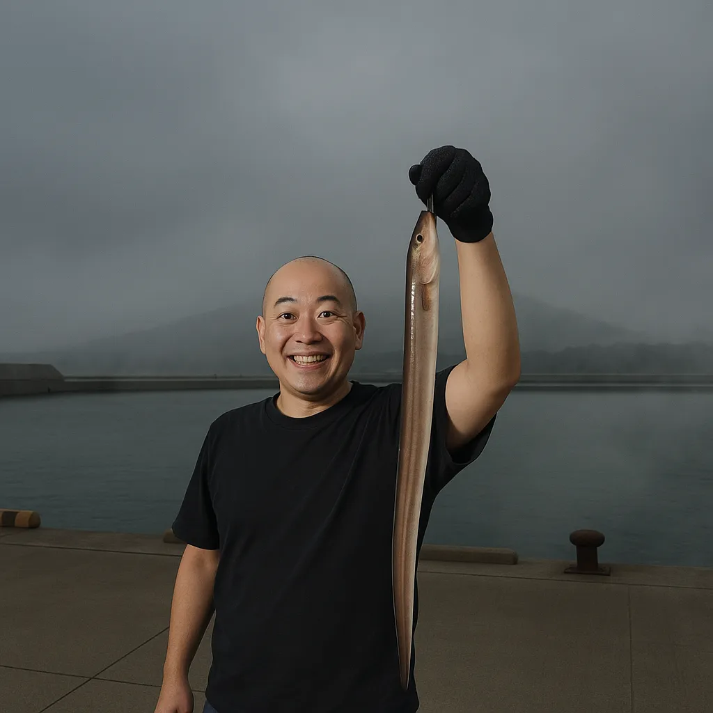 鷲ノ木漁港でアナゴの釣果を得たがんだま君.webp