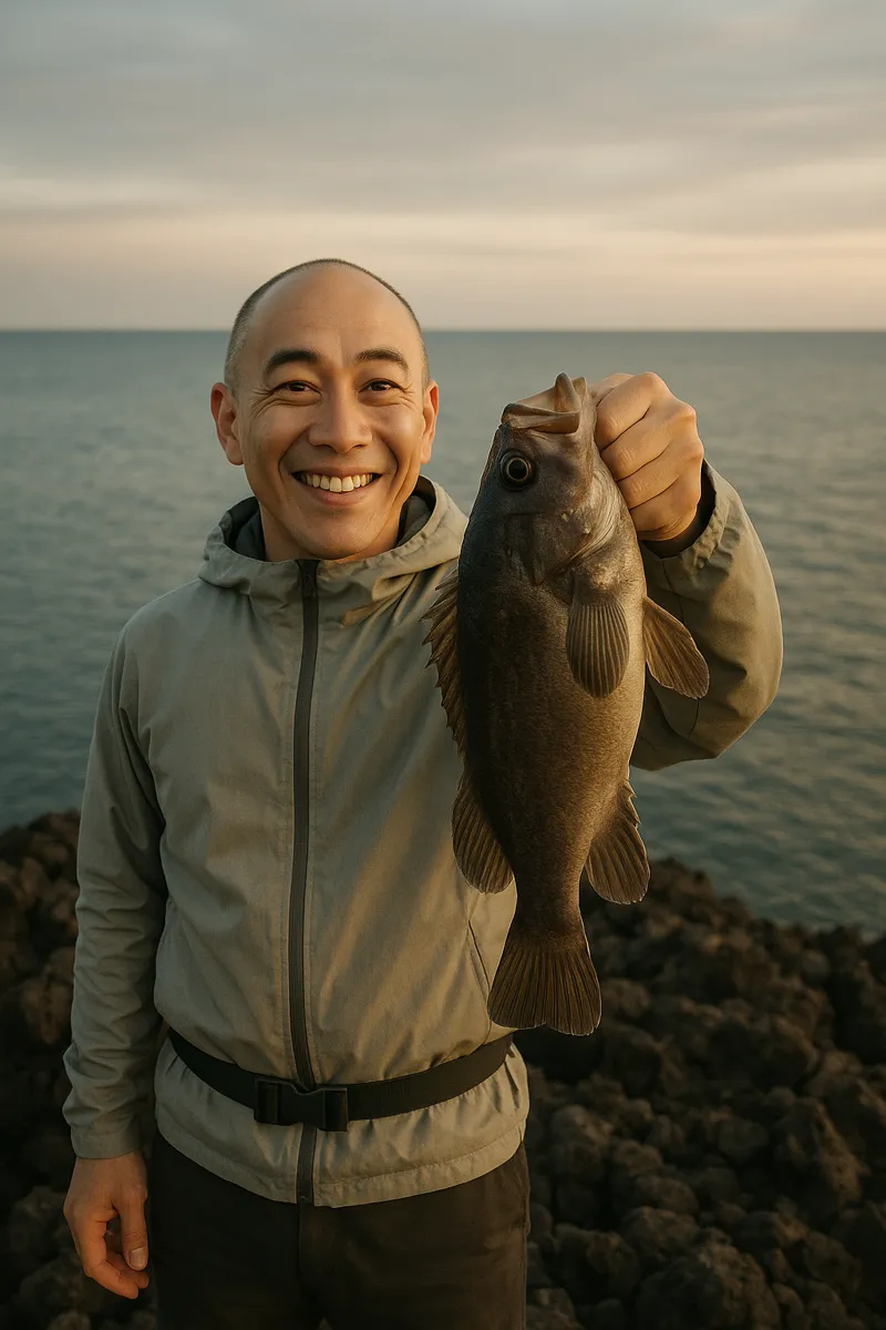 鷹ノ巣岬でソイの釣果を得たがんだま君.webp