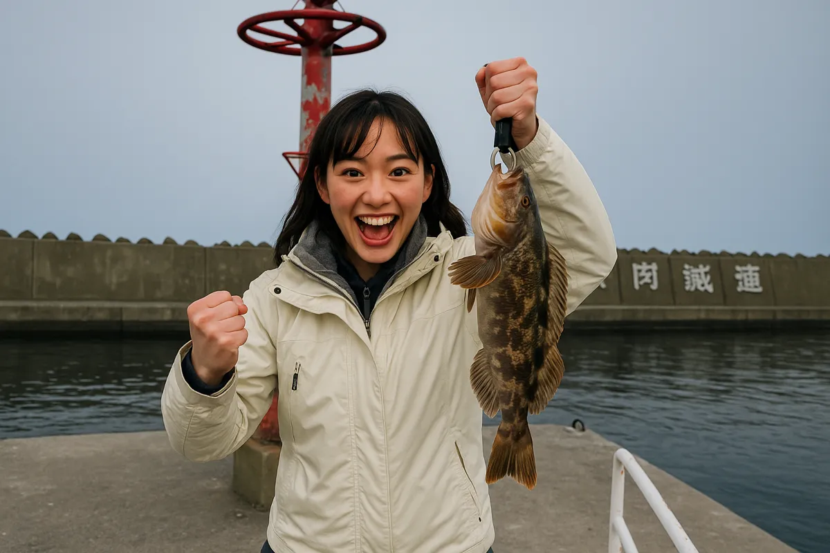 鹿部漁港でアブラコの釣果を得た女性.webp