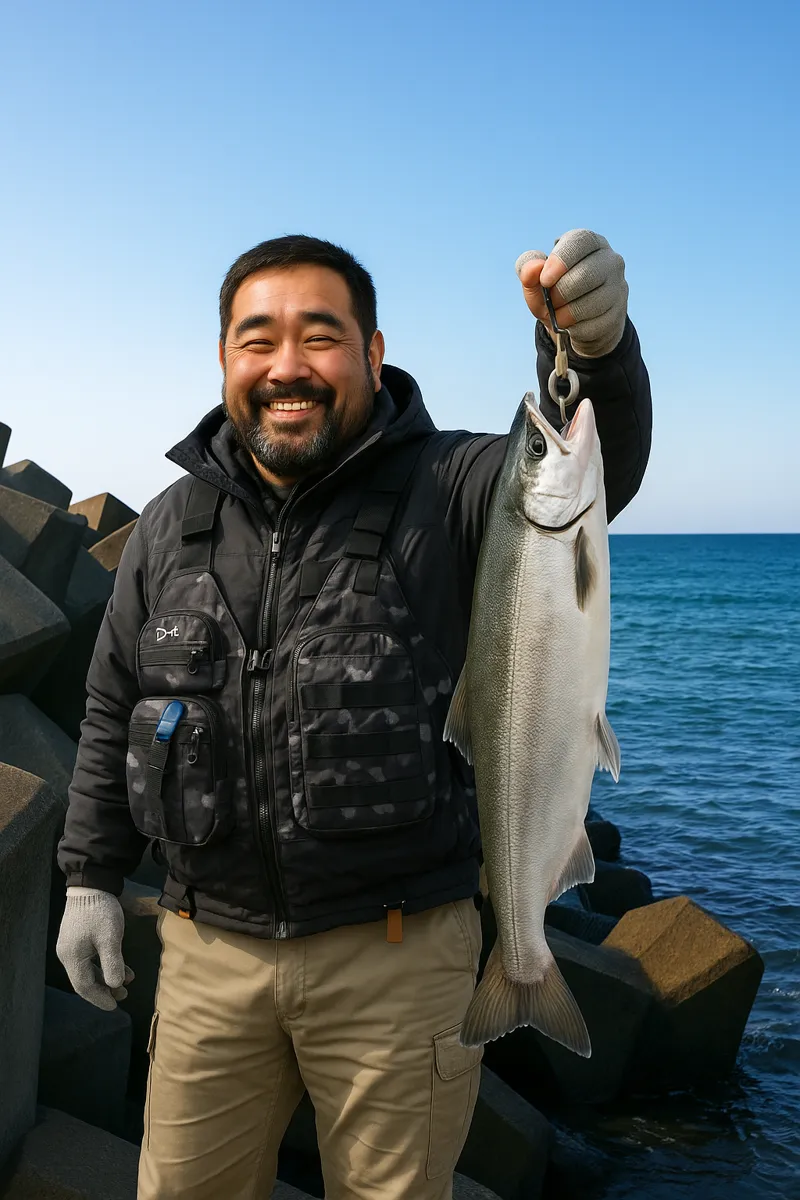 黄金漁港でサケの釣果を得た楢崎.webp