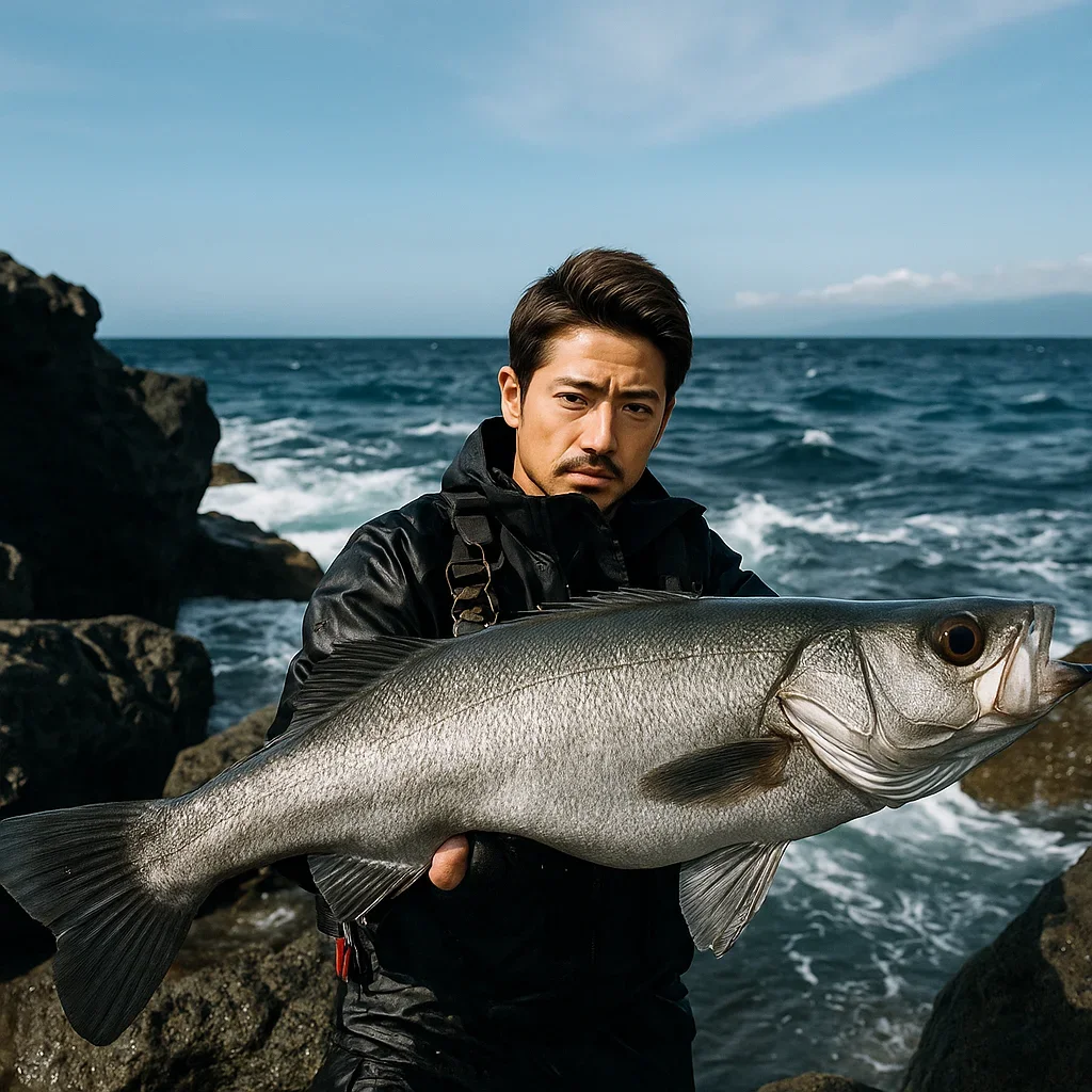 真鶴三ツ石でヒラスズキを釣った広岡