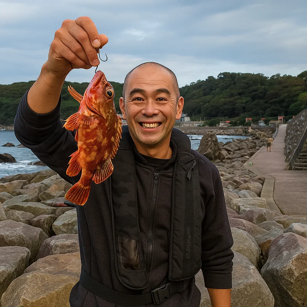 真鶴山下浜でカサゴを釣ったがんだま君