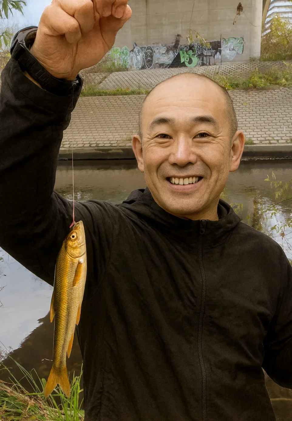 鶴見川でウグイを釣った男性