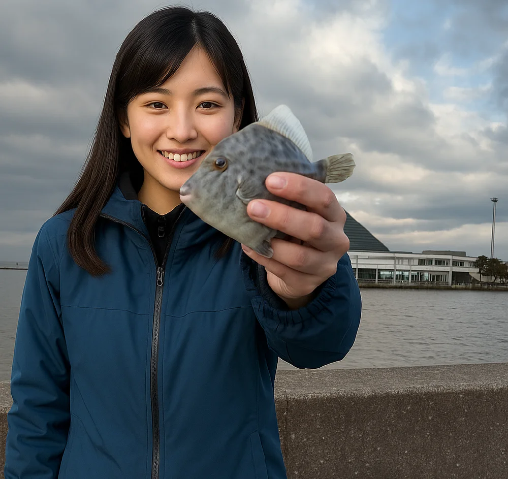 福浦八景島対岸でカワハギを釣る女性