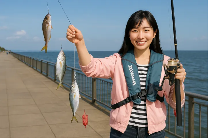 東扇島西公園でサビキ釣りに興じる女性
