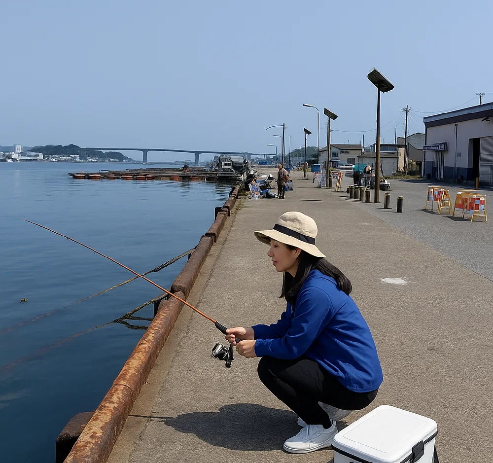 城ヶ島岸壁でサビキ釣りをする女性