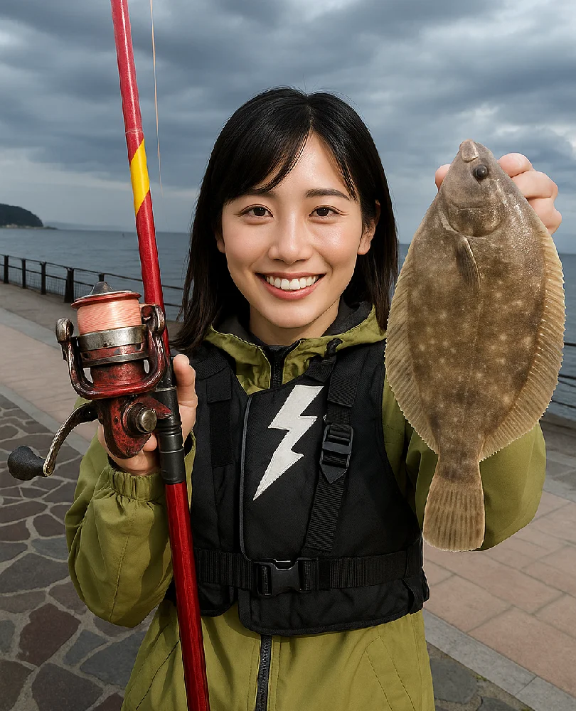 海辺つり公園でカレイを釣る女性