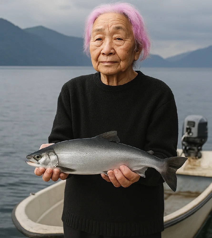 支笏湖のボートでヒメマスを釣る女性