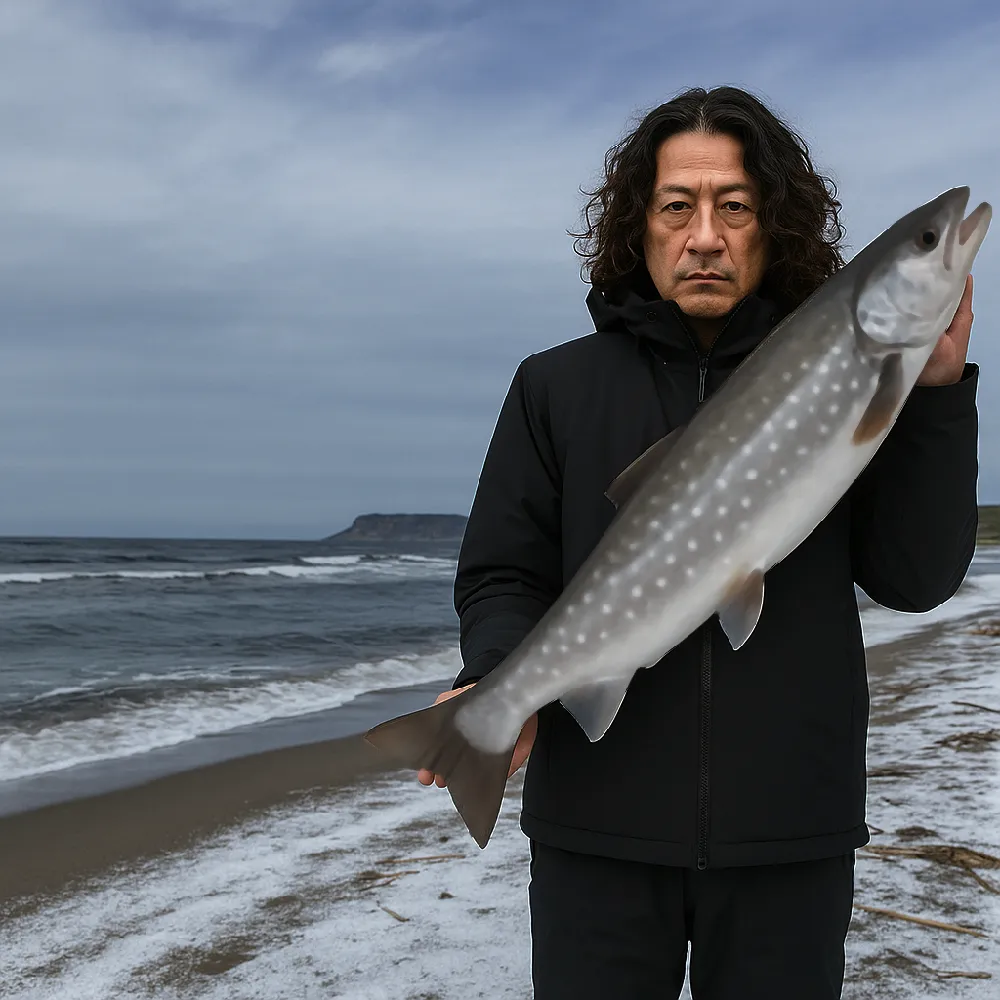 野塚海岸で海アメ的なものを釣る男性