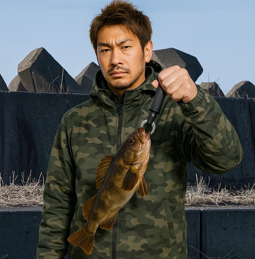鵡川漁港でアイナメを釣る男性