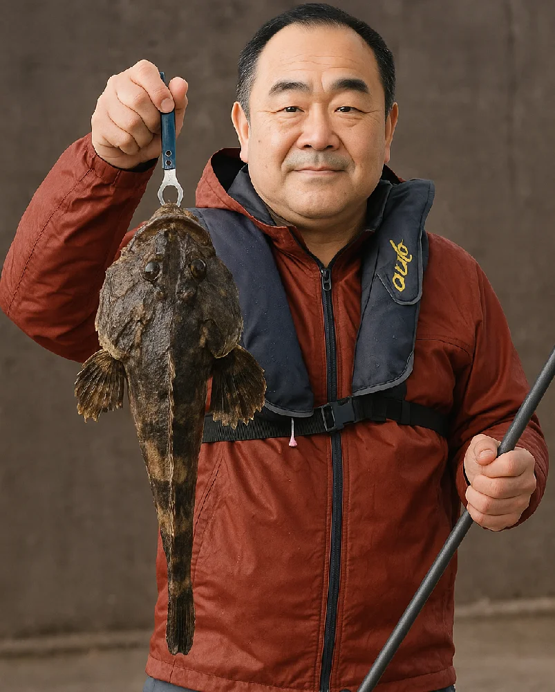 静内漁港でカジカを釣る人