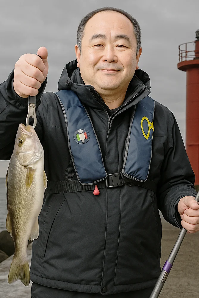 東静内漁港でコマイを釣る男性