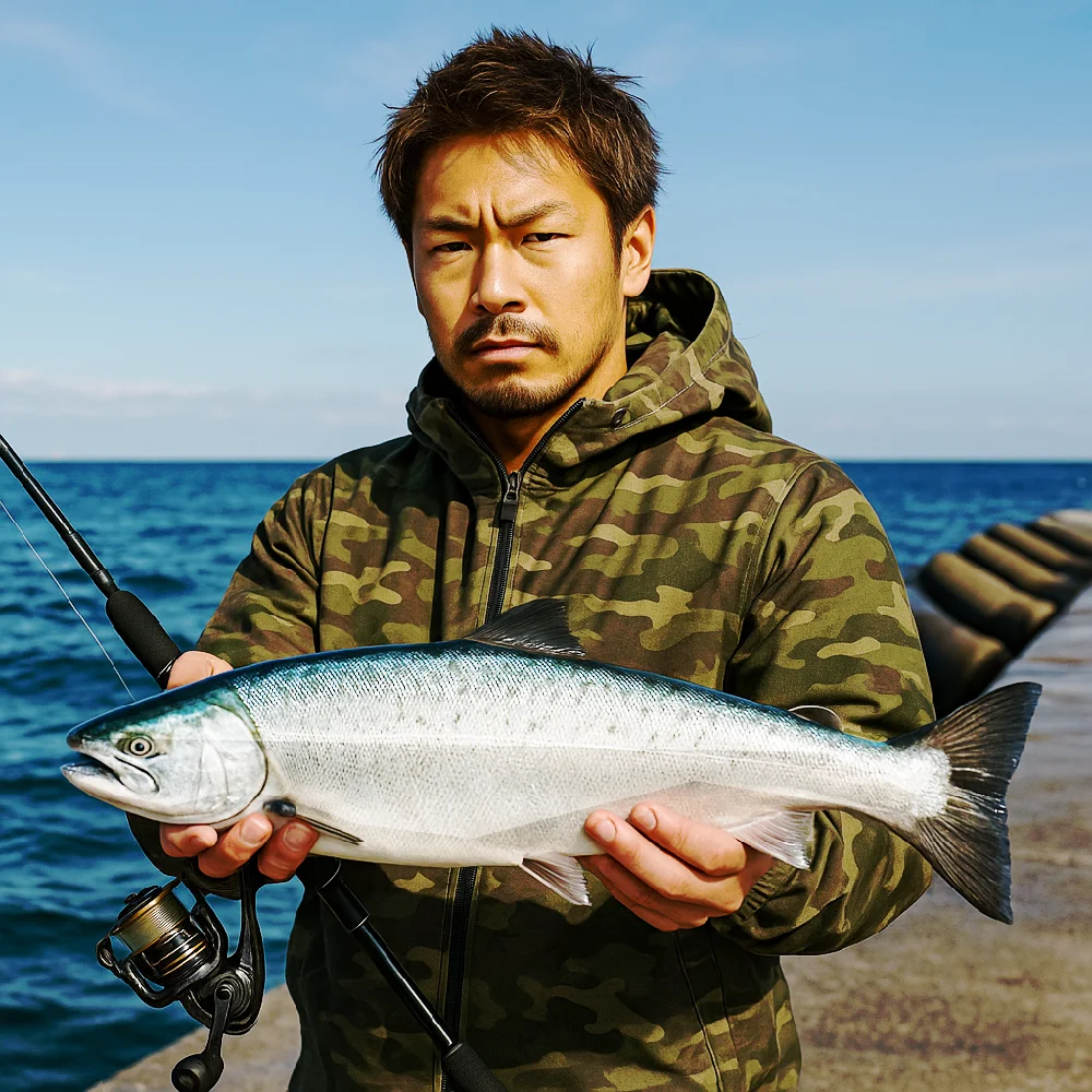 苫小牧東港一本防波堤でサクラマスを釣る男性