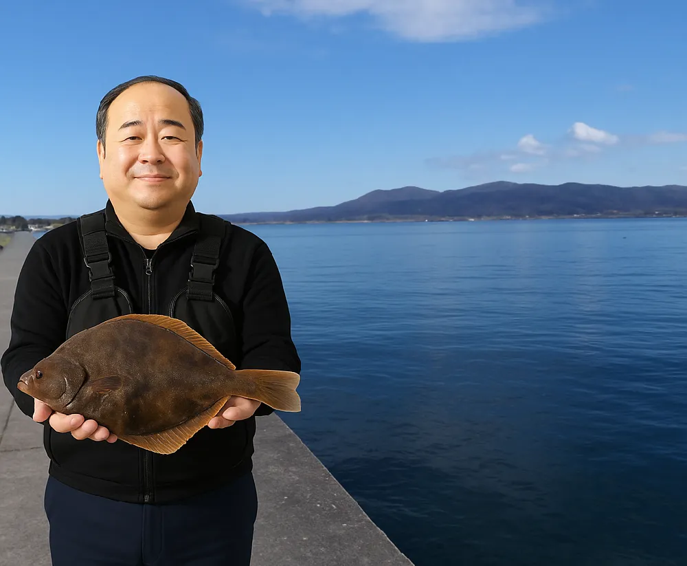 余市港でカレイを釣る男性