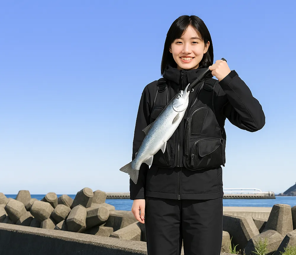 美国漁港でアメマス状のものを釣る女性