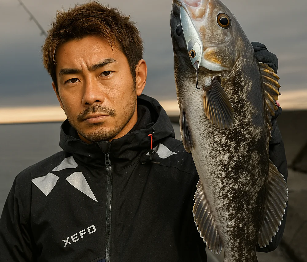 室蘭沖堤防でアイナメを釣る男性