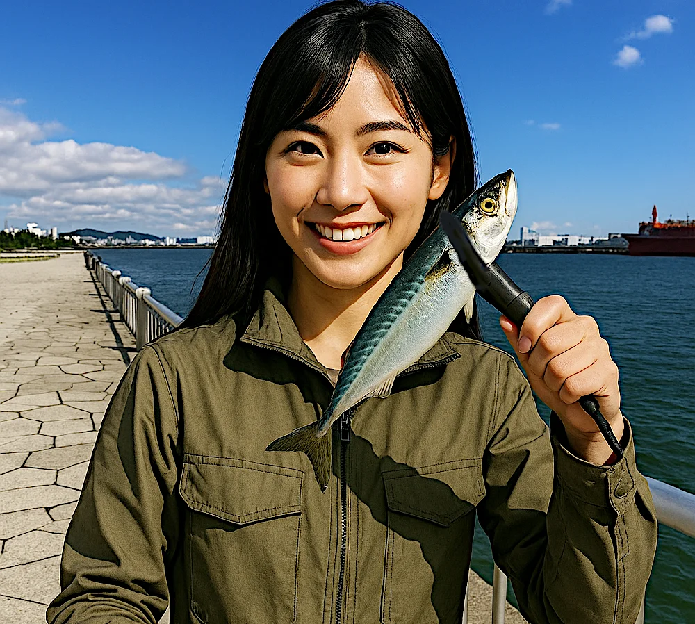 苫小牧西港キラキラ公園でサバを釣る女性