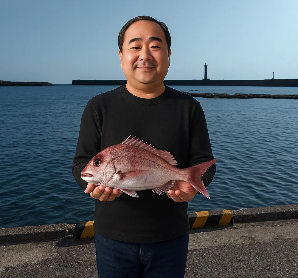 イケス前でマダイを釣った男性