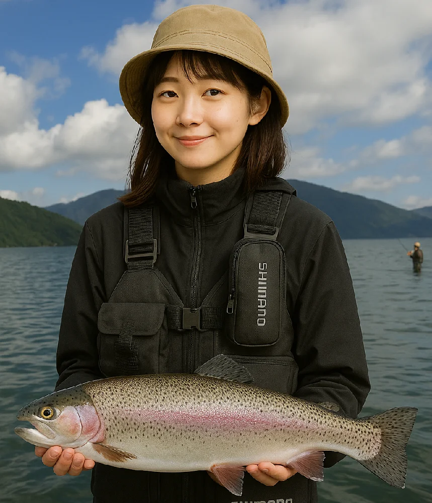 支笏湖でニジマスを釣る女性