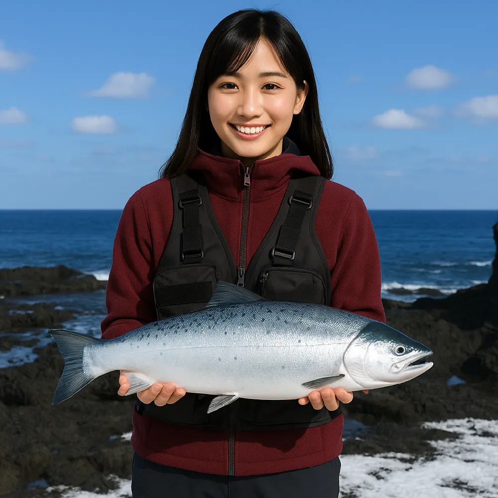 兜千畳敷でサクラマスを釣る女性