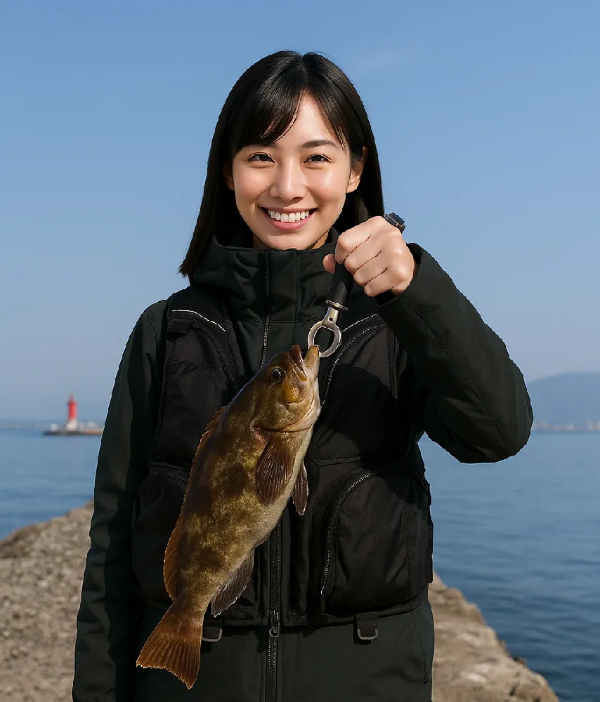 函館港沖堤防でアイナメを釣る女性