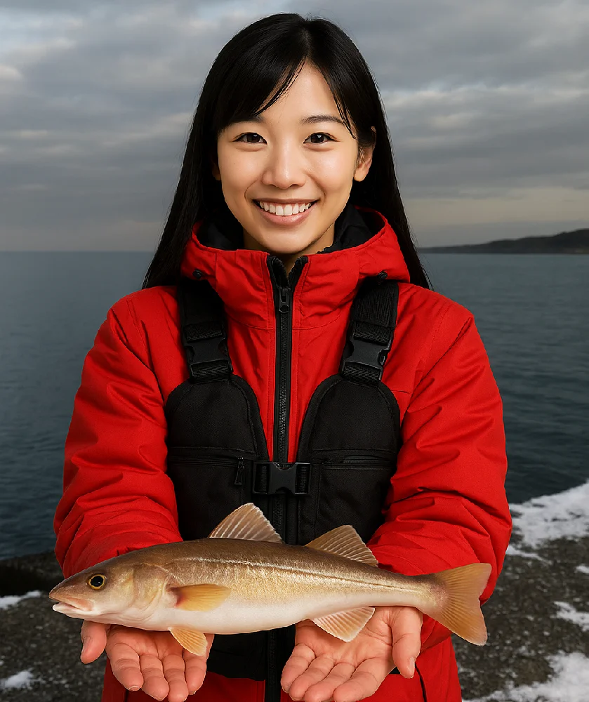 節婦漁港でコマイを釣る女性