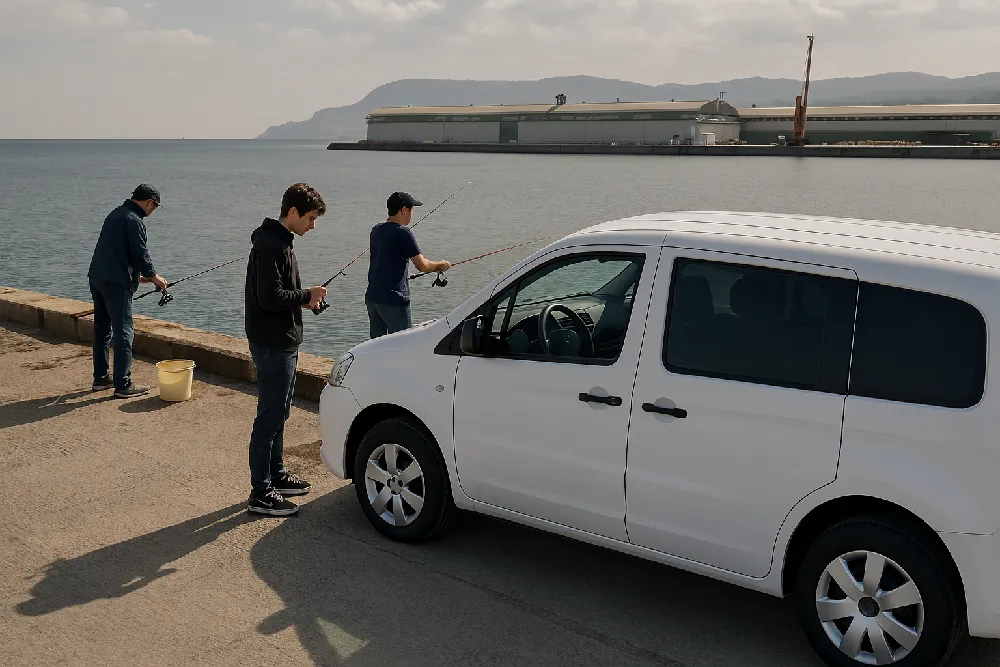 色内埠頭に車を横付けして釣りをするニコライ