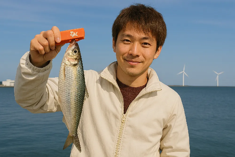 花畔埠頭でニシンを釣る吉田君
