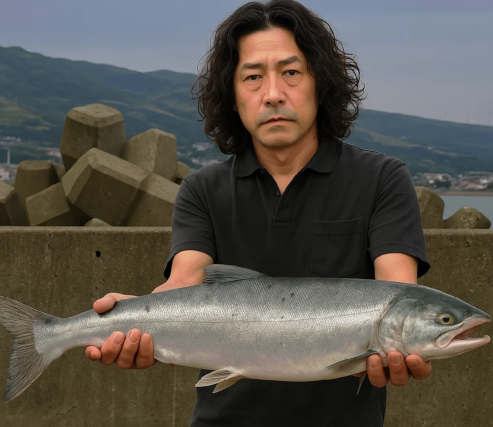 伊達漁港で鮭を釣る男性