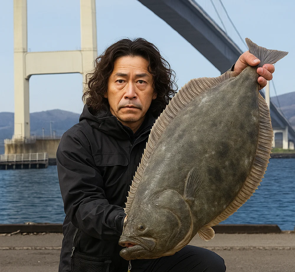 室園港でヒラメを釣った男性